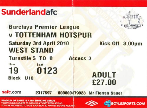Ticket Sunderland AFC - Tottenham Hotspur, Premier League, 03.04.2010