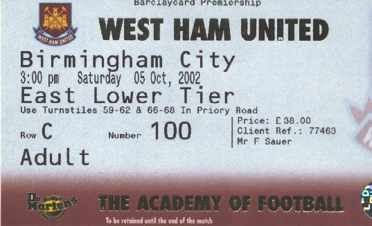 Ticket West Ham United - Birmingham City, Premier League, 05.10.2002