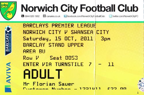 Ticket Norwich City - Swansea City, Premier League, 15.10.2011