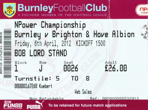 Ticket Burnley FC - Brighton & Hove Albion, Championship, 06.04.2012
