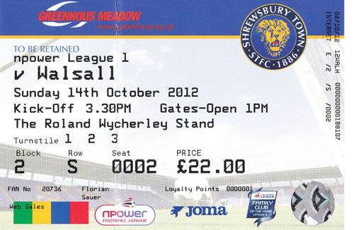 Ticket Shrewsbury Town - Walsall FC, League One, 14.10.2012