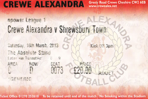 Ticket Crewe Alexandra - Shrewsbury Town, League One, 16.03.2013