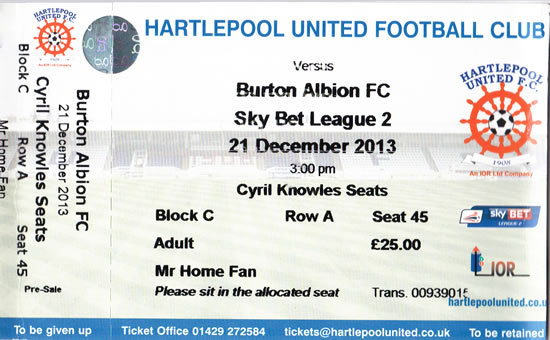 Ticket Hartlepool United - Burton Albion, League Two, 21.12.2013