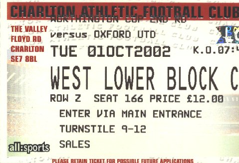 Ticket Charlton Athletic - Oxford United, League Cup, 01.10.2002