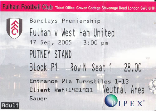 Ticket Fulham FC - West Ham United, Premier League, 17.09.2005