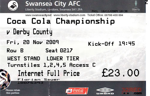 Ticket Swansea City - Derby County, Championship, 20.11.2009