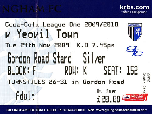 Ticket Gillingham FC - Yeovil Town, League One, 24.11.2009