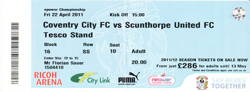 Ticket Coventry City - Scunthorpe United, Championship, 22.04.2011
