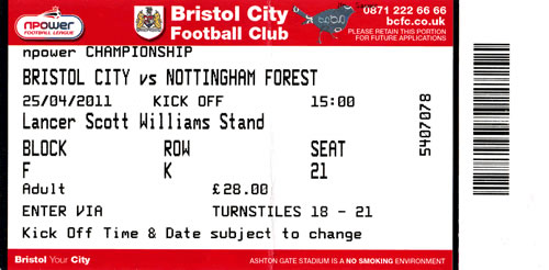 Ticket Bristol City - Nottingham Forest, Championship, 25.04.2011