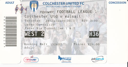 Ticket Colchester United - Walsall FC, League One, 26.01.2013