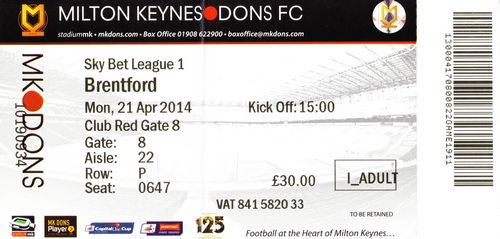 Ticket MK Dons - Brentford FC, League One, 21.04.2014